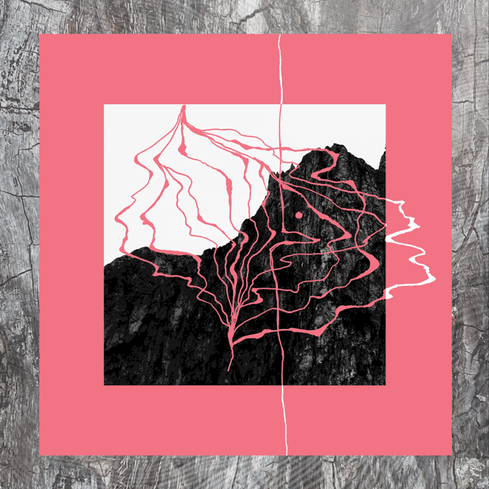 NOIX vinyl record cover artwork — hand-drawn illustration over Etna volcano photograph, designed by Oli Koles
